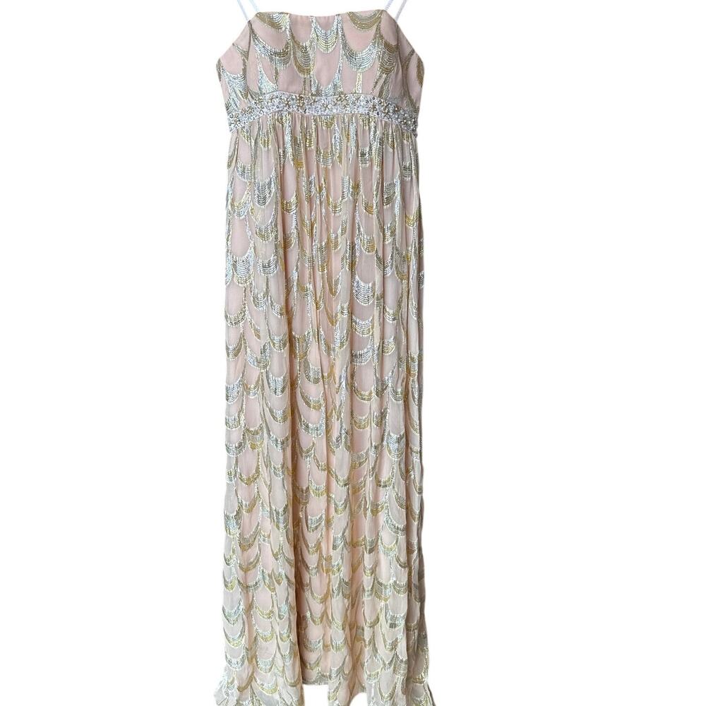 AQUA Coral Strapless Mermaid Sequin Gown Gold Silver Maxi Dress 6 NWOT